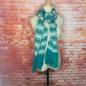 Chunky Hand Knit Teal Scarf with Fringe